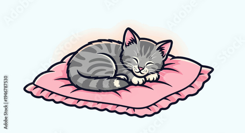 A cute tabby kitten sleeps peacefully on a ruffled pink cushion with a soft glow behind it