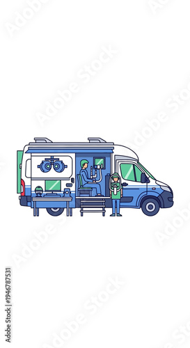 Medical Professionals Perform Eye Examinations Within a Mobile Optometry Clinic Vehicle
