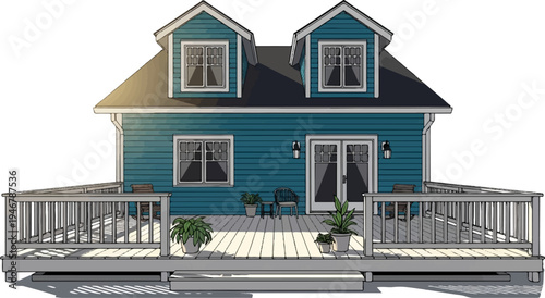 Blue two-story house with a large deck, dormer windows, and potted plants