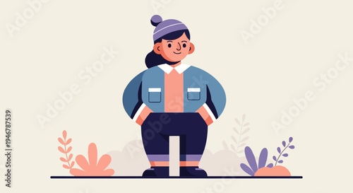 A cartoon girl in a blue jacket, pink shirt, dark pants and purple beanie stands outdoors with stylized plants