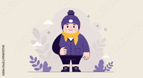 A cute cartoon character dressed warmly for cold weather, with a hat, scarf, jacket, and shorts, surrounded by subtle winter elements