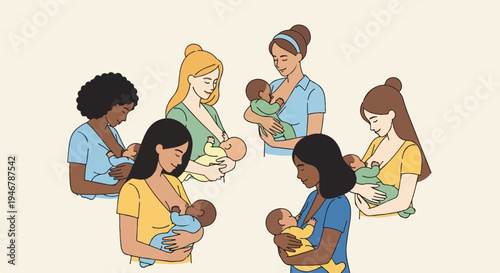 Diverse mothers share a tender moment nursing their babies in a gentle, artistic depiction