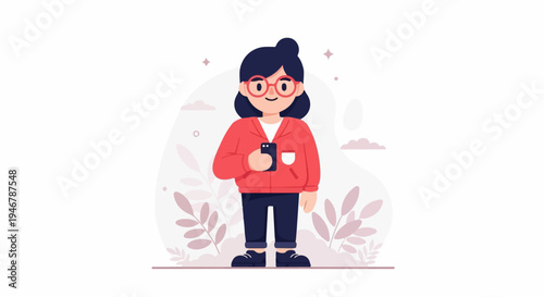 Flat illustration of a young person in red hoodie, glasses, and dark pants holding a smartphone
