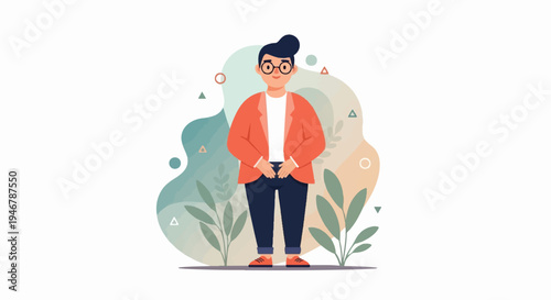 Minimalist illustration of a man with glasses and orange jacket, surrounded by abstract shapes and plants