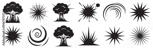 explosion and bomb blast icon set, nuclear mushroom cloud and starburst impact effects vector illustration on transparent background