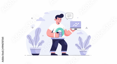 Young person holding laptop with analytics, drink, and plants