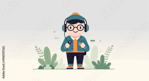 A cartoon boy with headphones and a backpack stands in a minimalist green nature scene