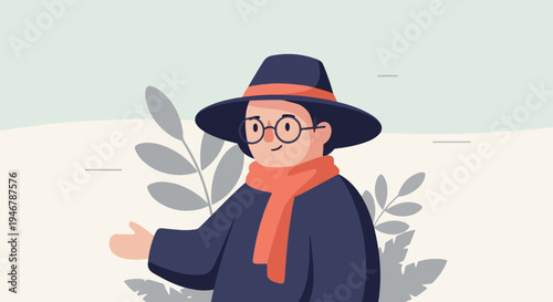 A person wearing a wide-brimmed hat and scarf, gesturing outward with one hand