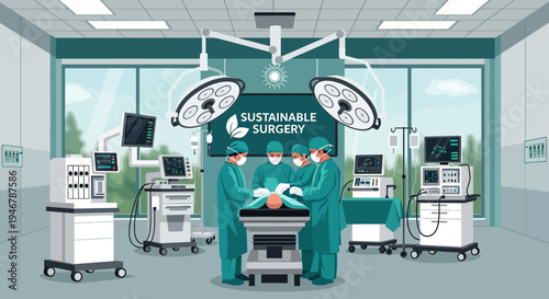 Medical Professionals Perform Surgery In Modern Operating Room With Sustainable Healthcare Focus