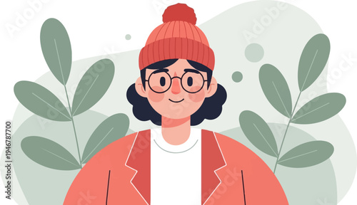 A person wearing a beanie and jacket, surrounded by abstract shapes and leaves