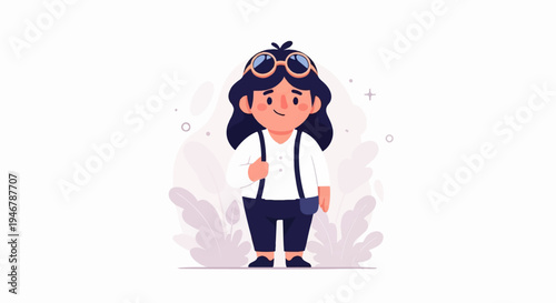 A cheerful cartoon character with dark hair, wearing goggles, suspenders, and a small bag