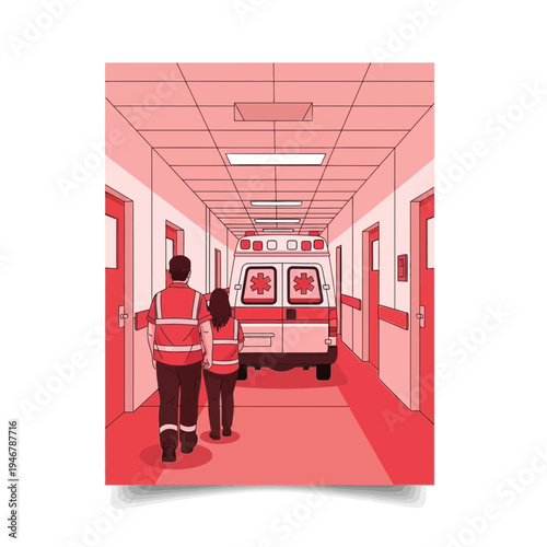 Medical Professionals Proceeding Towards Ambulance in Hospital Corridor for Emergency Response