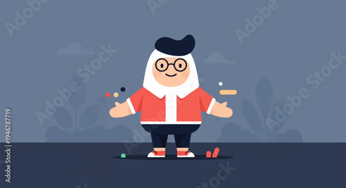 A cute, cartoonish character with glasses and a red shirt stands in a stylized outdoor setting