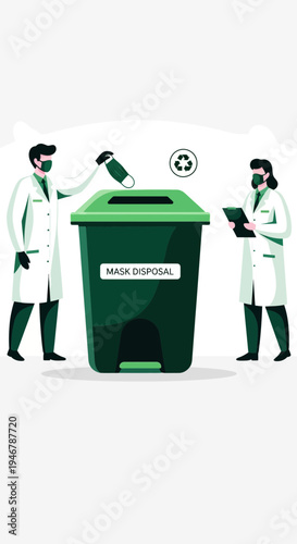 Medical Professionals Properly Disposing Of Contaminated Face Masks In A Designated Recycling Bin