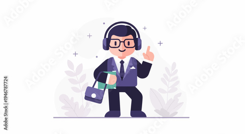 Cheerful businessman with headphones and bag points up, holding a book