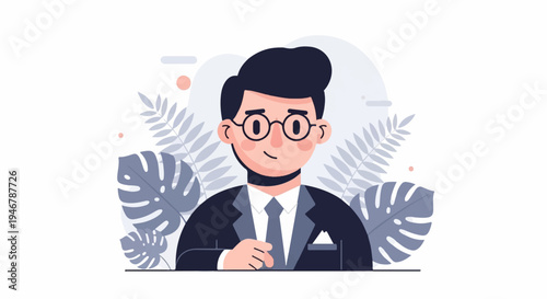 A cheerful businessman in a suit, with glasses and a tie, smiles warmly amidst tropical foliage