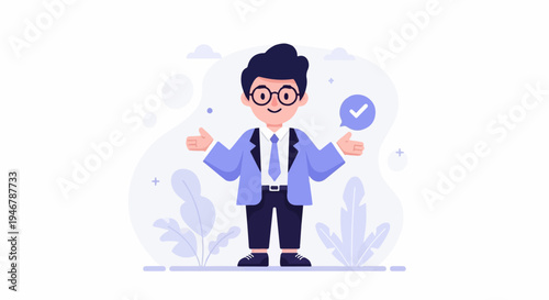 Cheerful cartoon character in business attire, arms open, with a checkmark icon