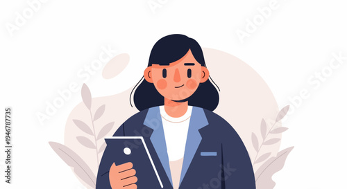 Friendly woman in a blazer holding a tablet with plants in background