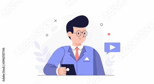 Animated man in suit with glasses and tie holding tablet, play icon