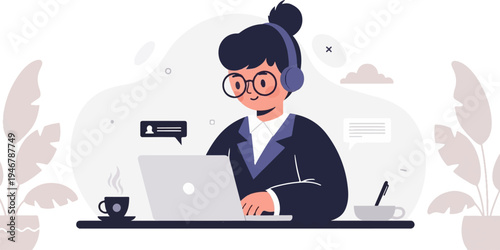 A person wearing headphones and glasses works on a laptop, with coffee and plants nearby