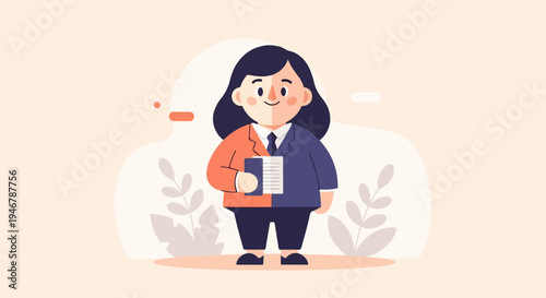 Flat illustration of a person in a split suit, holding papers, against a pastel background