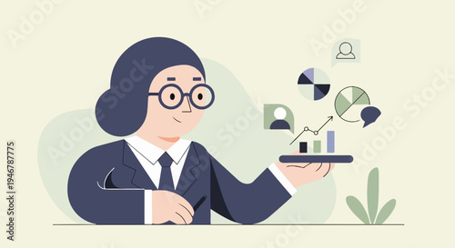 Animated figure in suit holds charts and graphs showing growth and data analysis