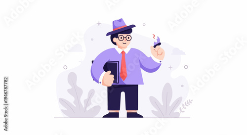 Character in hat and glasses holding a folder and a lit match