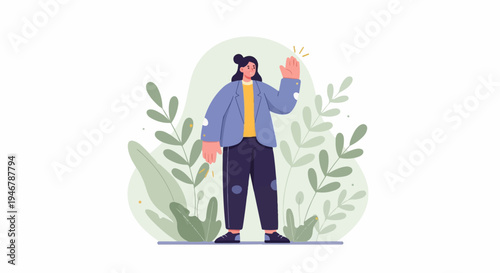 Person with raised hand in greeting, surrounded by stylized green foliage