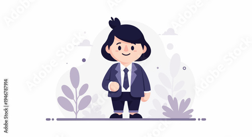 Cute cartoon figure in a suit stands against a light, decorative backdrop of plants and clouds