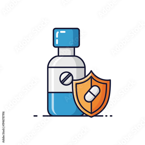 Medical Protection: A Shield Depicting Pills Beside Bottle Representing Healthcare and Wellness