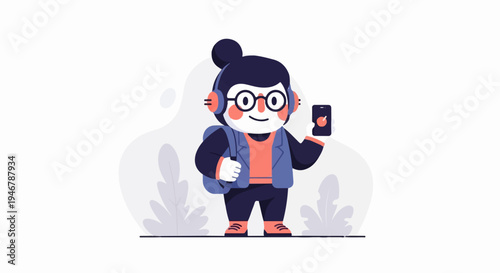 Young person in headphones, holding phone, with backpack and stylized foliage in background