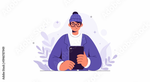 Person wearing a beanie and glasses holds a tablet amidst a minimalist botanical background