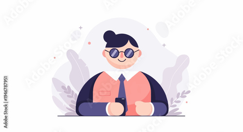 Stylized person with glasses, tie, and phone, in front of abstract foliage