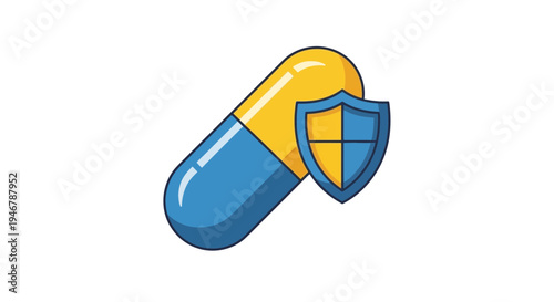 Medical Protection: Capsule And Shield Symbolizing Health, Security, And Wellbeing Concept