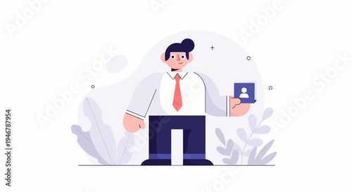 Person in suit holding ID card, with abstract plants in background