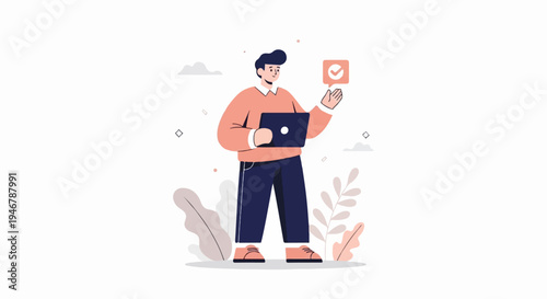 A man holding a laptop, with a checkmark icon floating nearby