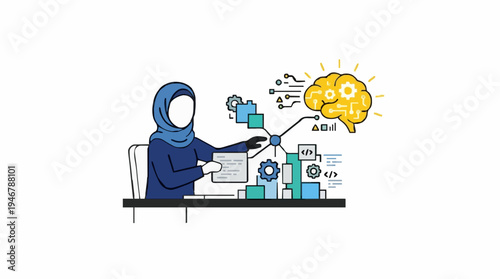 Woman in blue hijab works on digital transformation and artificial intelligence with glowing brain and code symbols in a modern office setting with clean lines and vibrant colors