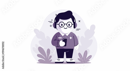 Cartoon person with headphones and phone, surrounded by stylized plants