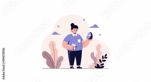 A stylized person stands holding a drink and a mask amidst abstract plants and clouds