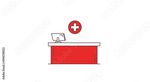Medical Reception Desk With Computer Screen And Emergency Signage In Red Tones