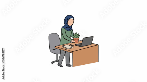 A person wearing a hijab and glasses sits at a wooden desk with a laptop and a potted plant working in an office setting illustration