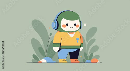 Cheerful character with headphones and a green helmet stands amidst abstract foliage
