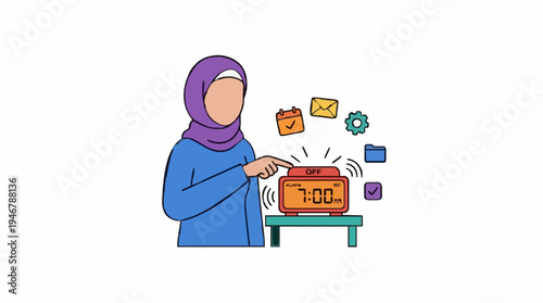 Muslim Woman In Purple Hijab And Blue Dress Silences Red Alarm Clock Showing 730 AM With Digital Icons Floating In White Background