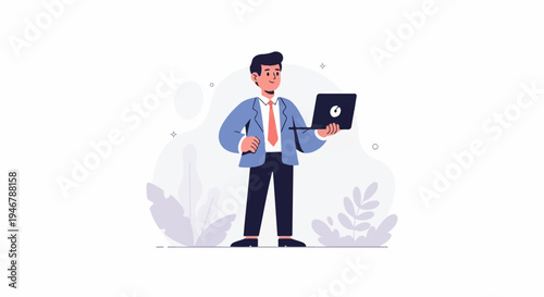 Stylized man in suit holding laptop, abstract plant background