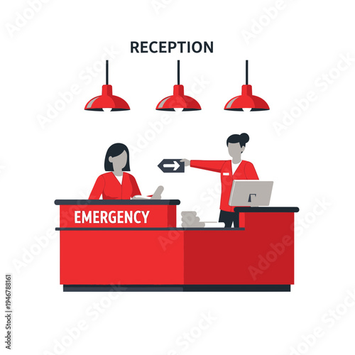 Medical Reception Scene Depicting Emergency Services with Staff and Directional Sign