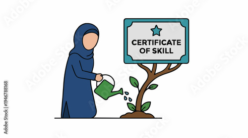 Woman in blue hijab waters growing plant with certificate of skill sign and leaves in soil illustration