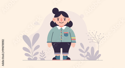 Stylized full-body illustration of a smiling person in casual attire