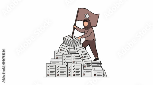 Person stands atop a huge stack of documents holding a flag with a star symbol on a white background symbolizing achievement or overcoming challenges