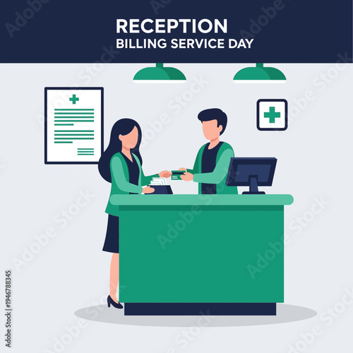 Medical Receptionist And Patient Interaction During Billing And Service Day Illustration