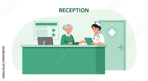 Medical Receptionist And Patient Interaction At Clinic Counter, Healthcare Professionals